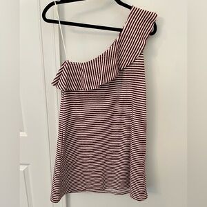 Loft Striped One-Shoulder Dress Burgundy and Cream Small NWT
